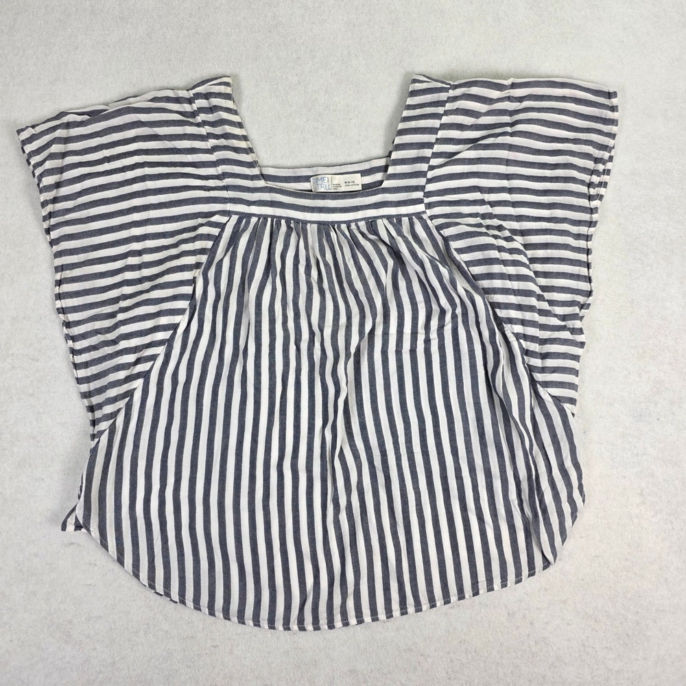 Time and Tru Women M 8-10 Blouse Blue White Striped Excellent Flutter Sleeve Top